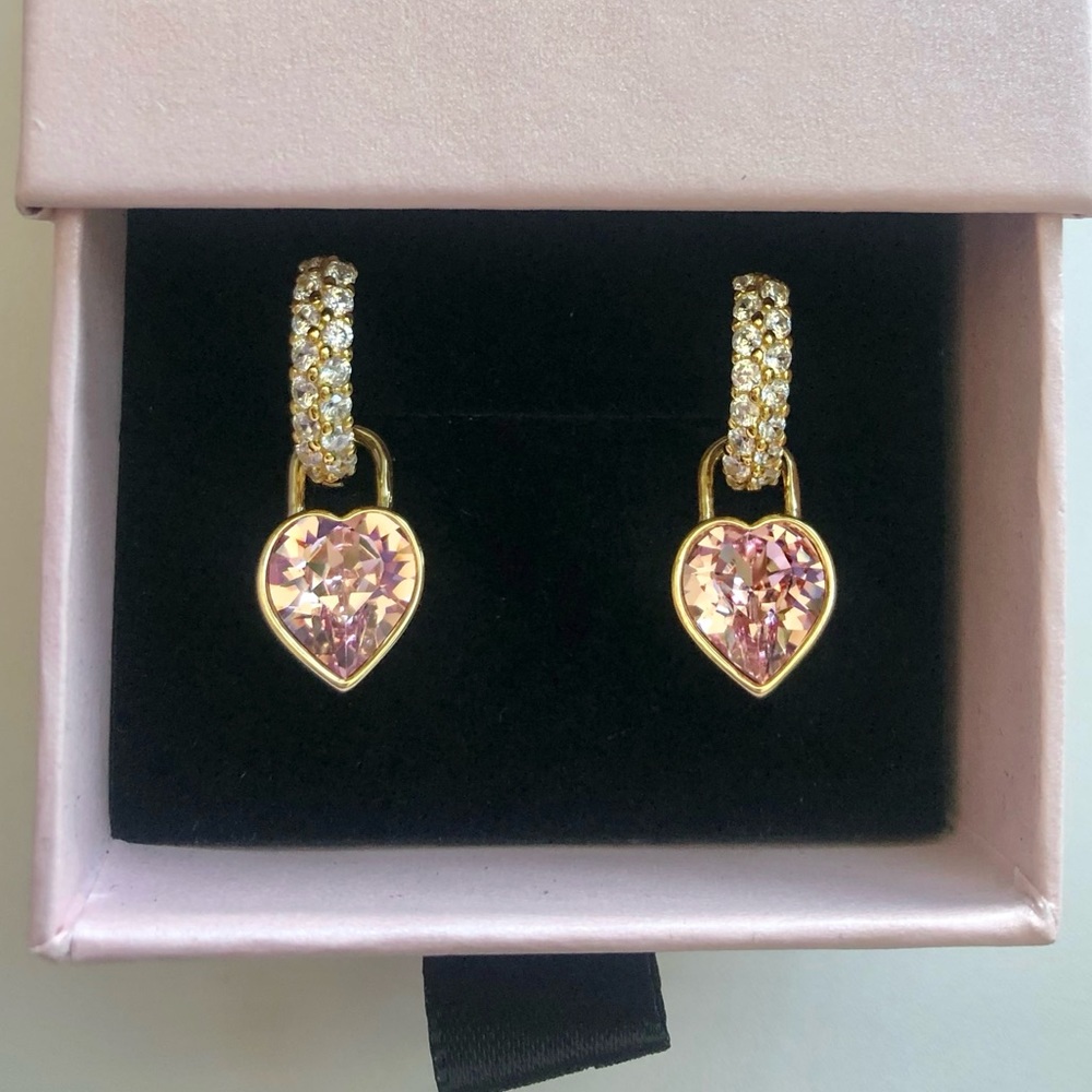 Pave Small Diamond Huggie Hoops with Swarovski Heart Charm Padlock Earring 14K g